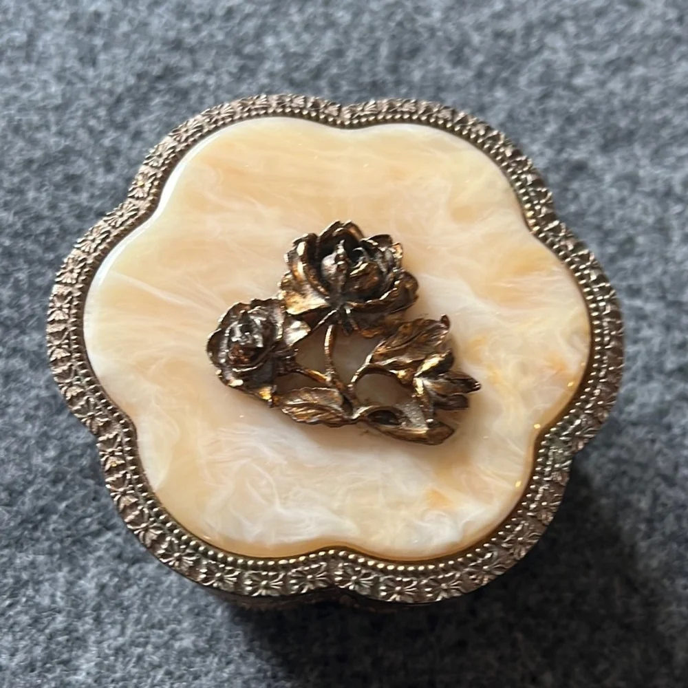 Vintage 1970s Mele Brass Rose Lidded Jewelry Box